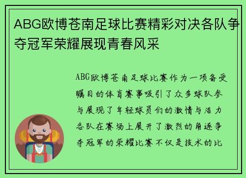ABG欧博苍南足球比赛精彩对决各队争夺冠军荣耀展现青春风采